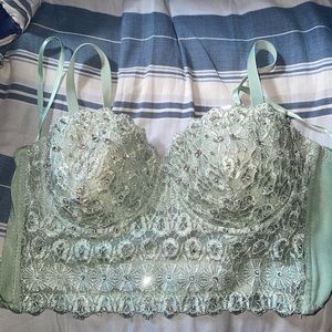 sage green rhinestoned padded bra top